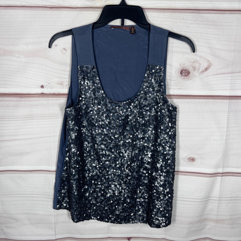 525 America Tank Top Womens Small Blue Sequin Silk Scoop Neck Sleeveless Blouse